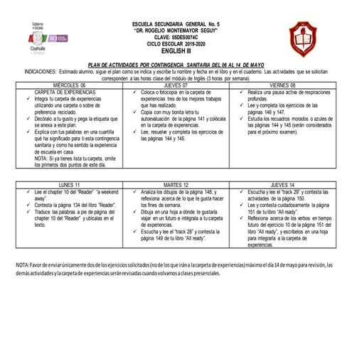 Plan de actividades sec. general 5 06 al 14 de mayo