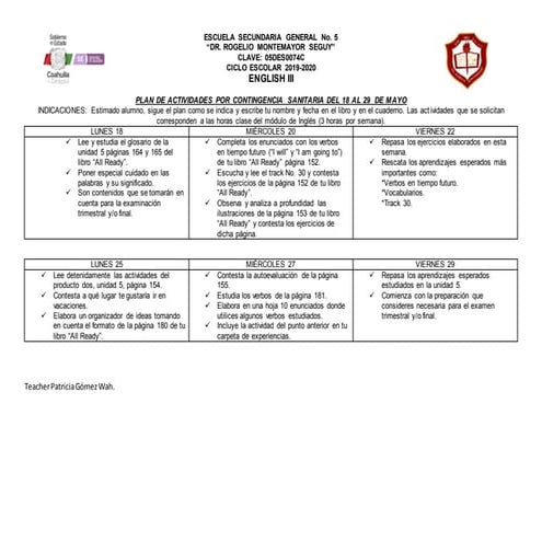 Plan de actividades sec. general 5 18 al 29 de mayo
