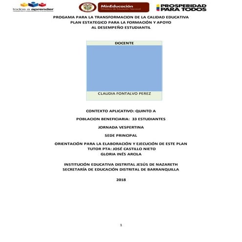 Plan de apoyo al aprendizaje   quinto grado 2018