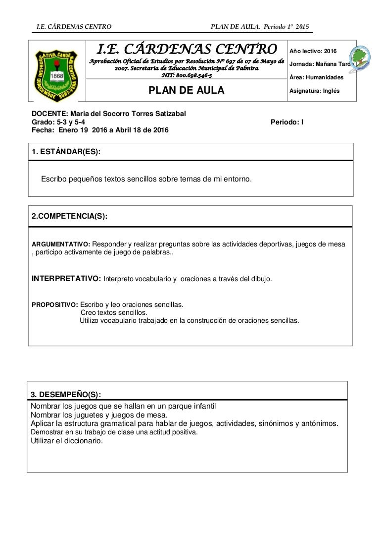 Quinto De Aula I Plan Periodo Ingles xdoBWrCe