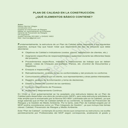 Plan de Calidad en la Construcción: ¿Qué Elementos básicos contiene? | PDF
