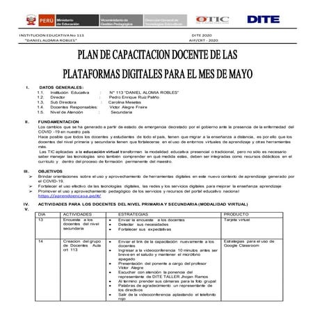 Plan de capacitacion a los docentes en los entornos virtuales | DOCX