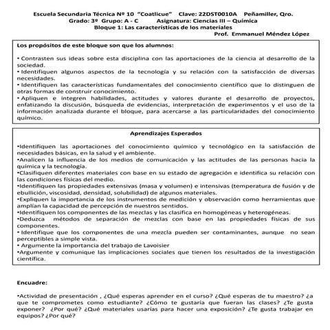 Plan de ciencias 3 bloque 1 las caracteristicas de los materiales