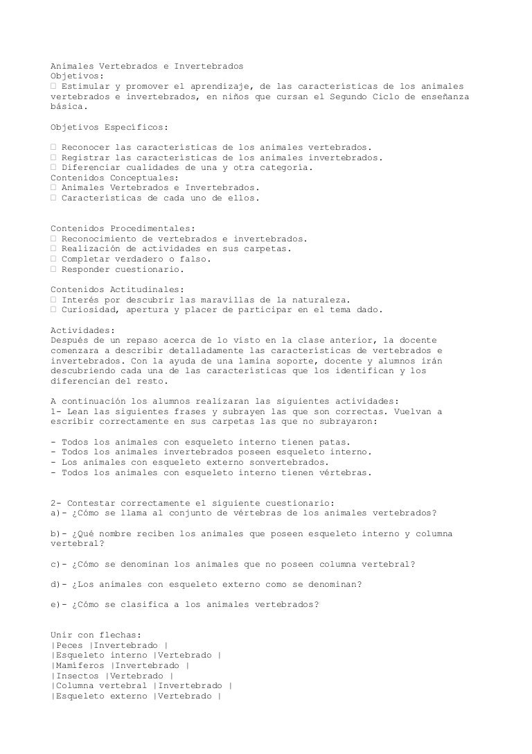 Plan De Clase Animales Vertebrados E Invertebrados