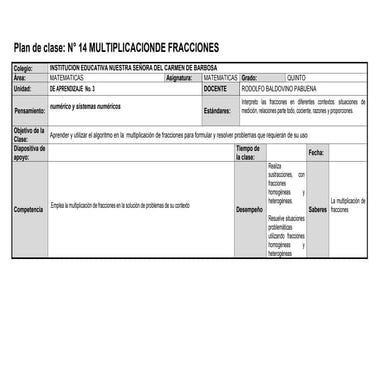 Plan de clase n° 14 multiplicacion de fracciones
