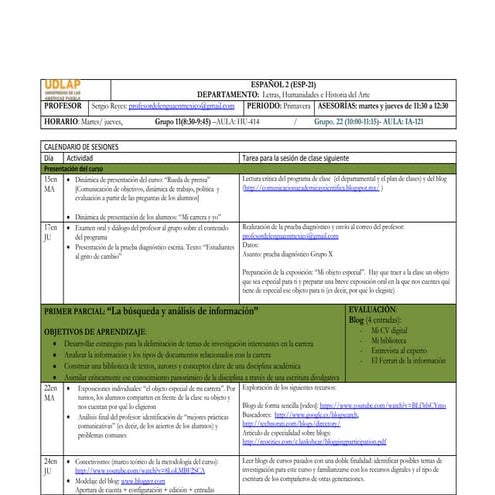 Plan de clases español 2 prima 2013