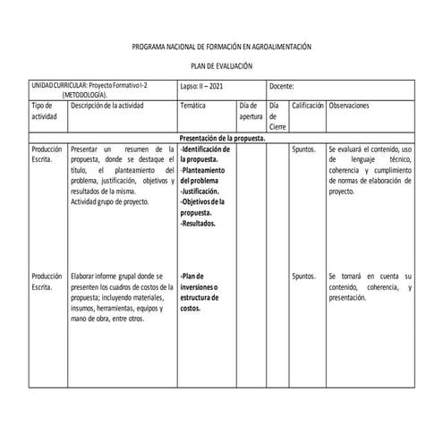 Plan de evaluación proyecto i 2 metodología