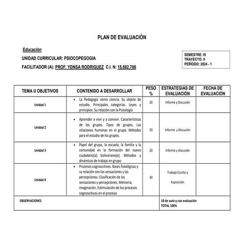 plan de evaluacion en educación 3 semestre | PDF