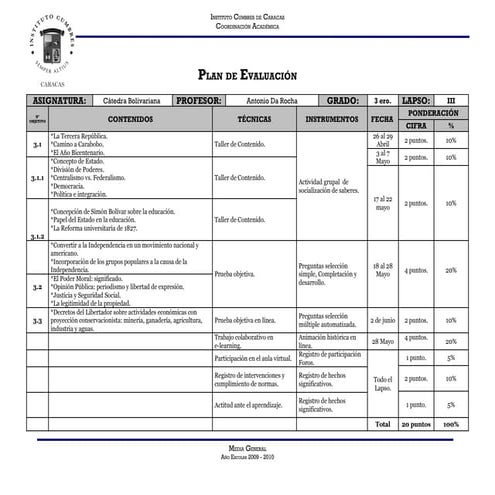 Plan de evaluacion 3er Lapso CB