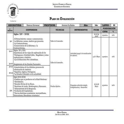 Plan de evaluacion 3er. Lapso Historia Universal