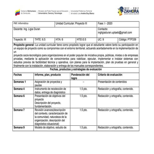 Plan de evaluación proyecto iii fase i 2020 | PDF