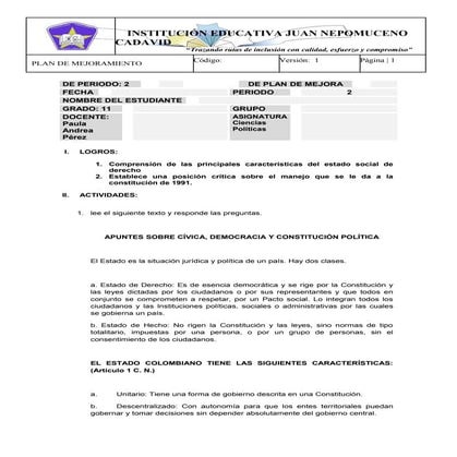 Plan de mejoramiento de politica 11