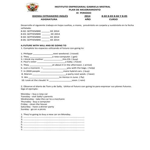 Plan de mejoramiento ingles 8°  iii periodo 2014