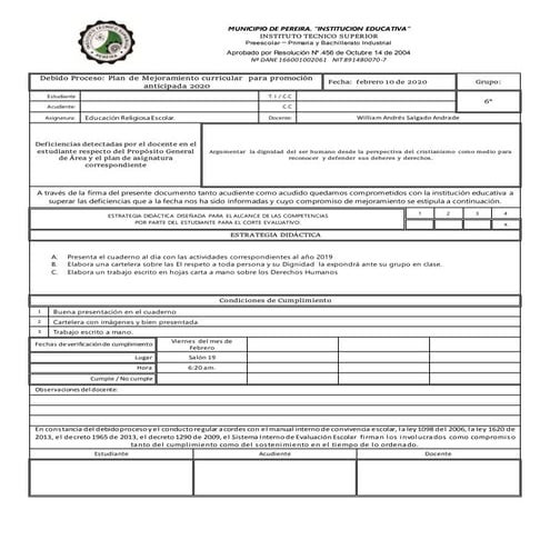 Plan de mejoramiento para promocion 2020