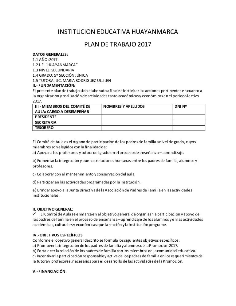 Plan de trabajo 2017 para promocion