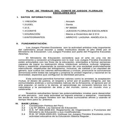 Plan   de  trabajo  de comité de juegos florales escolares 2014