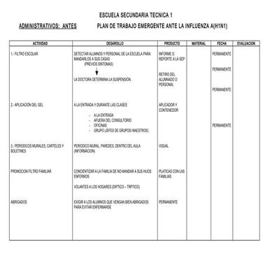 Plan De Trabajo Emergente Ante La Influenza A(H1 N1)