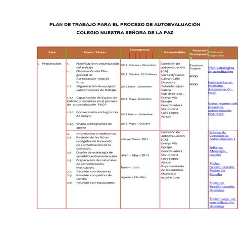 Plan de trabajo para el proceso de autoevaluación