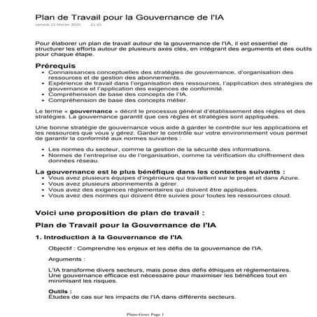 Plan de Travail et questionnaire en 8 points pour la Gouvernance de l'IA