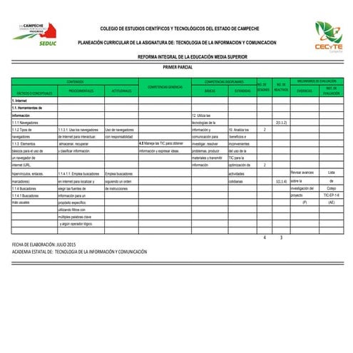 Planeación curricular de la asignatura de tic