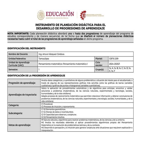 Planeación didáctica 7: Pensamiento Matemático 1