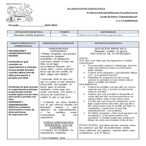 Planeación didáctica exploración y conocimiento del mundo