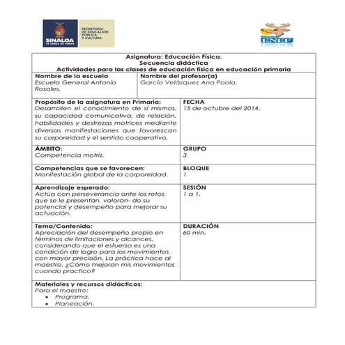 Planeacion de educacion fisica tercer grado.