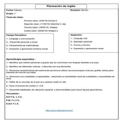 Planeacion de ingles preescolar - Planificaciones con Aprendizajes Esperados