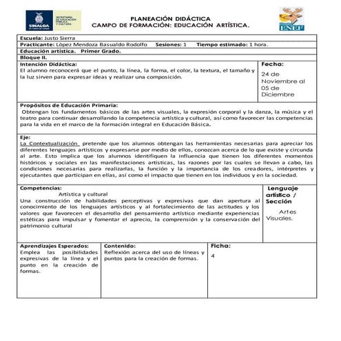 Planeacion educacion artistica primero  bloque 2  el punto y la linea 
