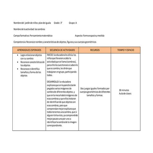 PLANEACION DE ACTIVIDADES PARA PREESCOLAR