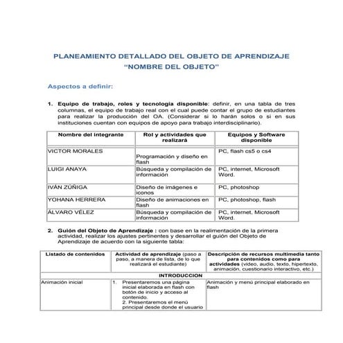 Planeamiento detallado del objeto de aprendizaje (ova)