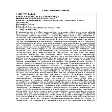 Plano anual de Fisica ensino medio 1° ano | DOCX