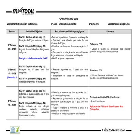 Planejamento de matemática 8º ano - 3º bimestre - 2015 | PDF