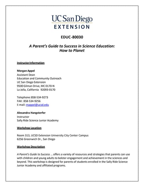 Agenda for EDUC 80030: A Parent's Guide