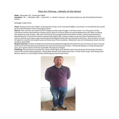 Plan for Filming (Kitchen Scene Day 2)