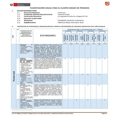 Planificación anual 4° grado de primaria según el Curriculo Nacional