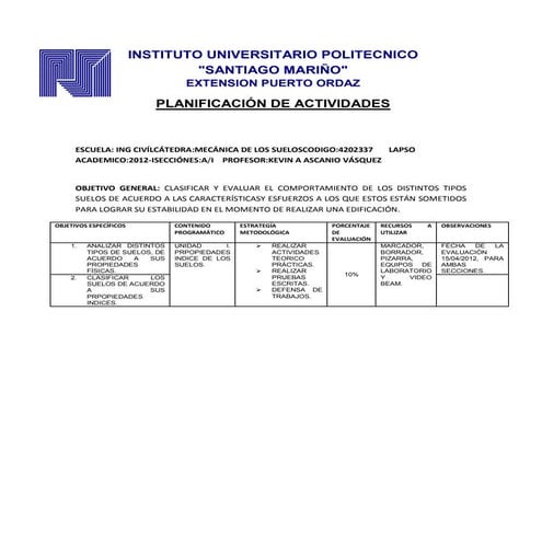 Planificación del componente docente