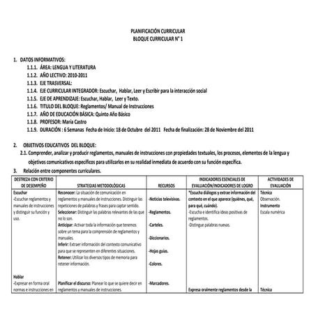 Planificación del primer bloque quinto año