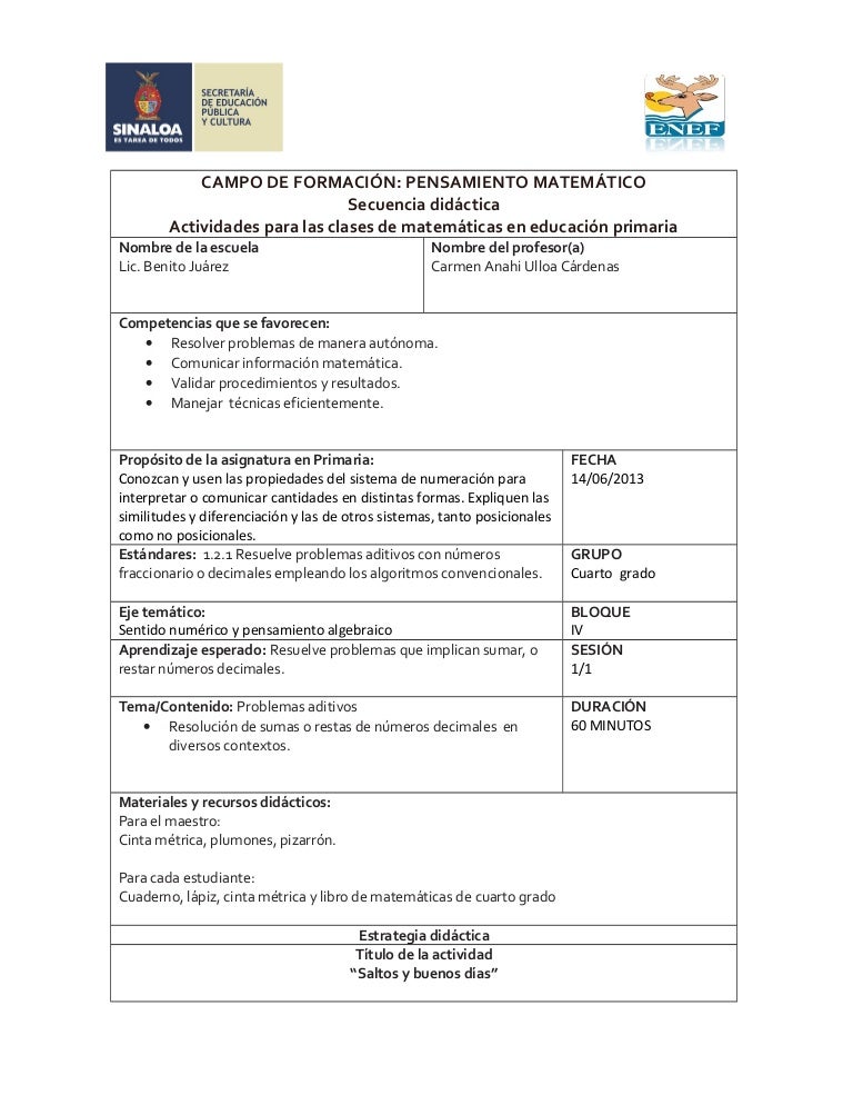 Planificacion De Matematicas 4to Grado