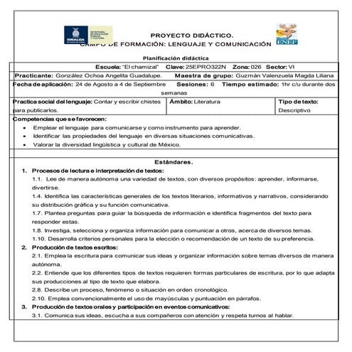 Planificación proyecto de español  publicar chistes