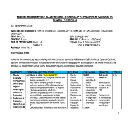 Planificación taller reforzamiento planificación y evaluación 22mayo2013