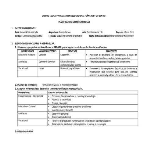 Planificacion Informática Quinto Año  2da parc