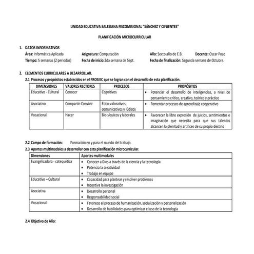 Planificacion Informática Sexto Año 1era Parc