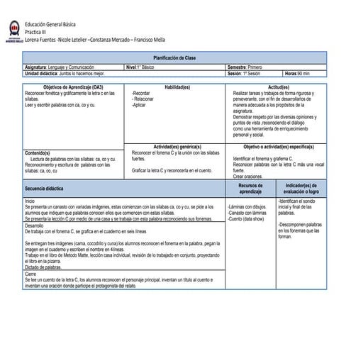 Planificación de clase de lenguaje sección 1