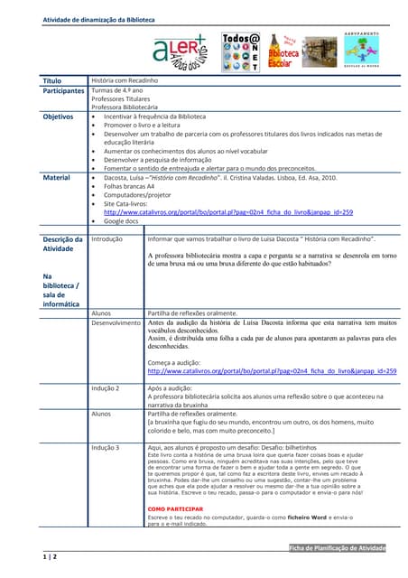Planificação de história com recadinho