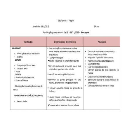 Planificação semana 19 a 23de novembro