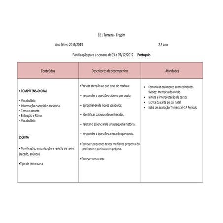 Planificação semana 3 a 7de dezembro