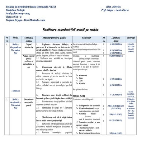 Planificare calendaristică anuală Biologie Gimnaziu clasa a VIII a an ...