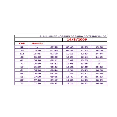 Planilha De Horario Dia 14 De Agosto