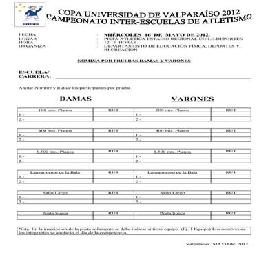 Planilla de inscripción atletismo